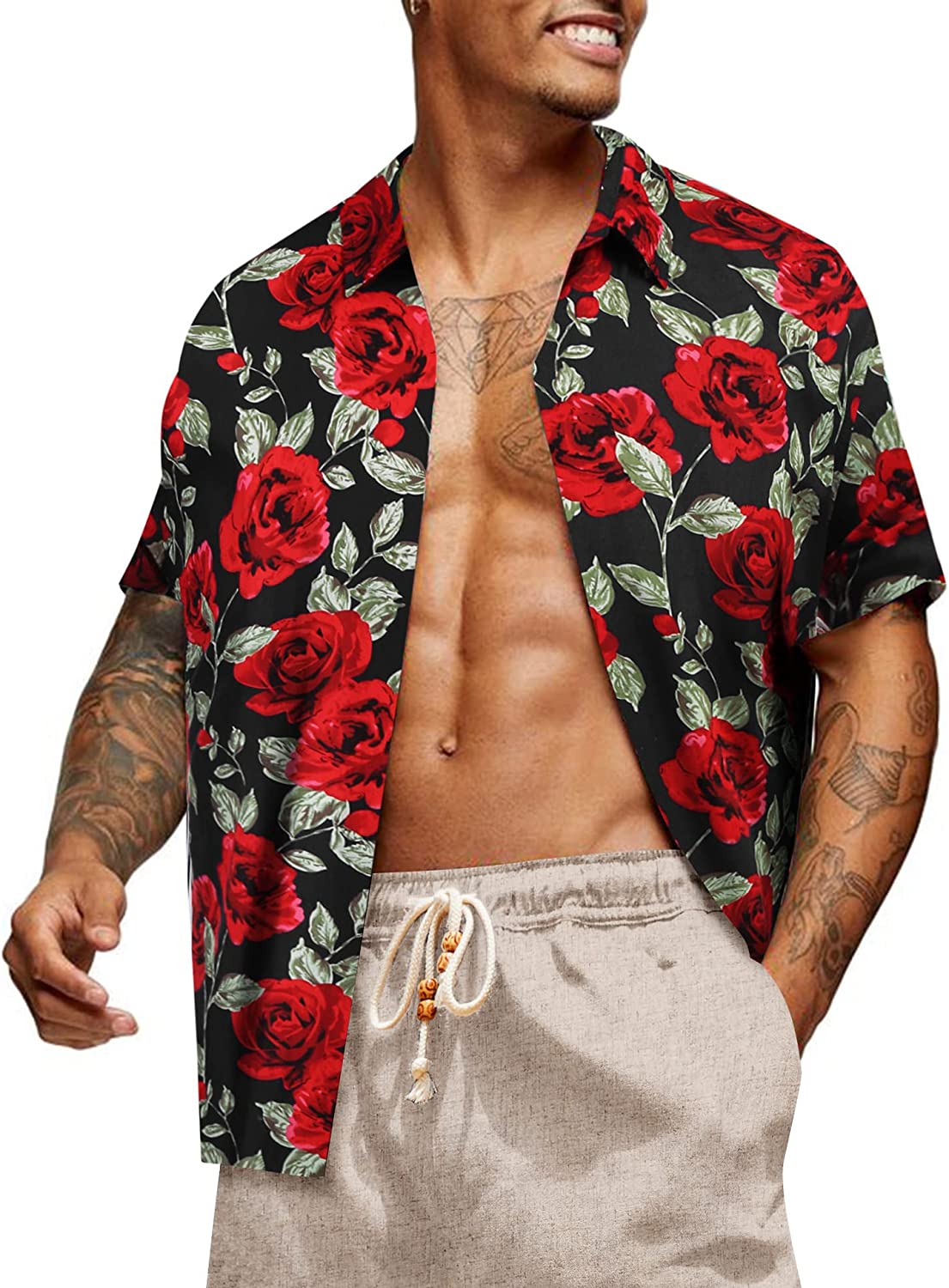 Hawaiian Black Rose Casual Button Down Short Sleeve Shirt