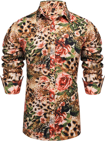 Leopard Luxury Design Print Long Sleeve Men's Dress Shirt