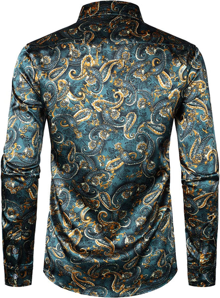 Men's Hipster Paisley Teal Satin Button Up Dress Shirt