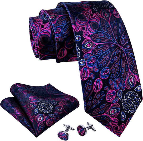 Men's Dark Green Floral Paisley Print Silk Tie Set w/Handkerchief & Cufflinks