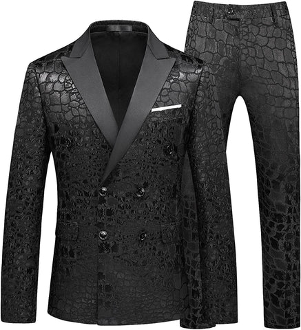 Double Breasted Black Jacquard 2 Pieces Tuxedo Men's Suit