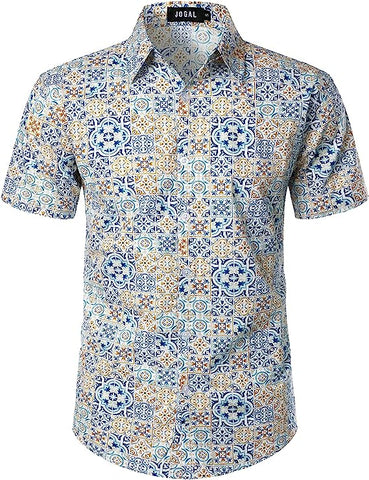 Men's Vintage Style Short Sleeve Button Down White Printed Shirt