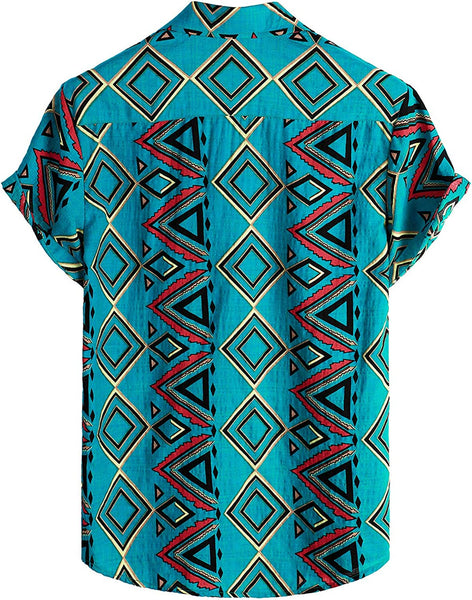 Men's Turquoise Blue Diamond Print Casual Short Sleeve Shirt