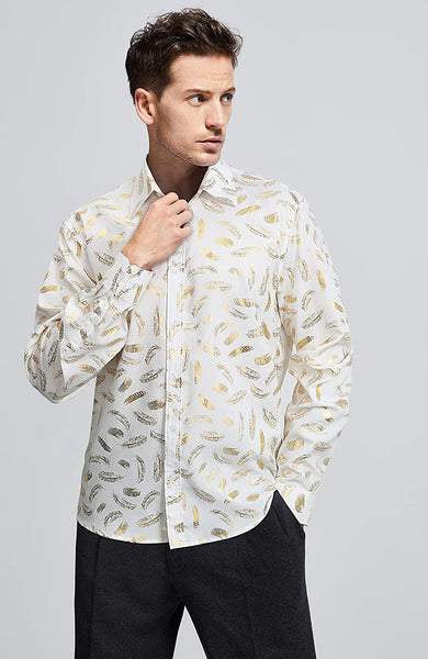 Shiny Luxury White Feather Print Long Sleeve Button Down Men's Shirt