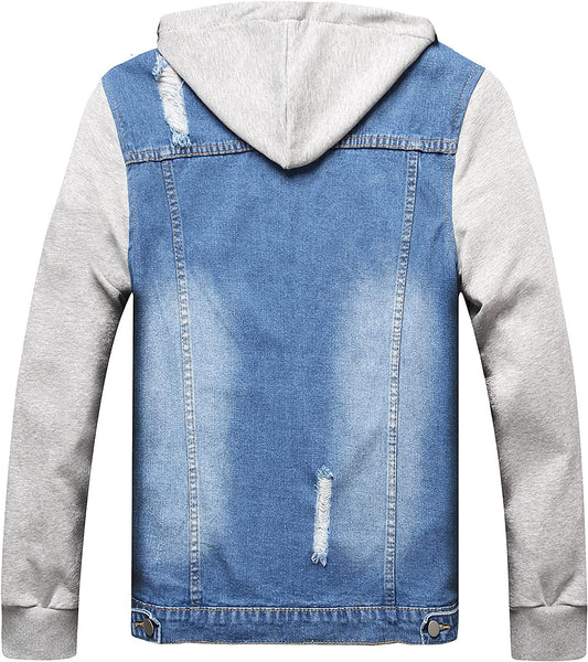 Casual Two Tone Light Blue Men's Denim Hooded Jacket