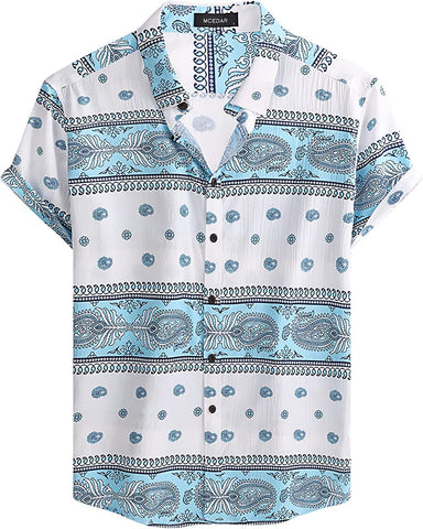 Men's White Paisley Printed Button Up Short Sleeve Shirt