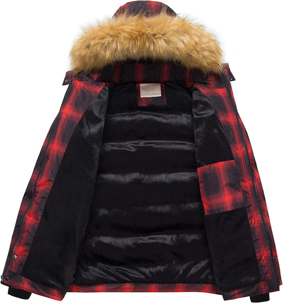 Winter Bubble Red Plaid Parka Fur Hooded Men's Puffer Jacket