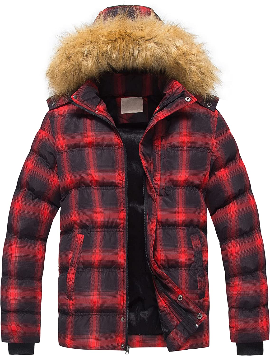 Winter Bubble Red Plaid Parka Fur Hooded Men's Puffer Jacket