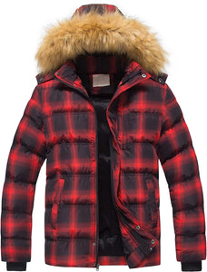 Winter Bubble Red Plaid Parka Fur Hooded Men's Puffer Jacket