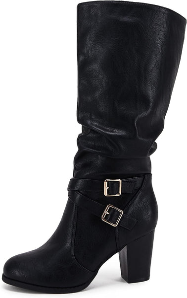 Classic Black Buckle Side Women's Chunky Heel Mid Calf Boots