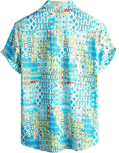 Men's Light Blue Diamond Print Casual Short Sleeve Shirt