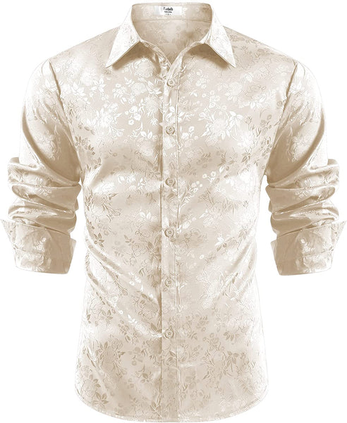 Men's Shiny Satin Khaki Floral Button Down Long Sleeve Shirt