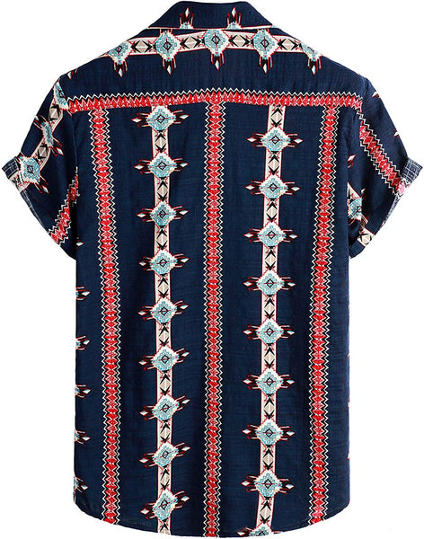 Men's Navy Blue Stripe Aztec Print Casual Short Sleeve Shirt