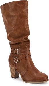 Classic Brown Buckle Side Women's Chunky Heel Mid Calf Boots