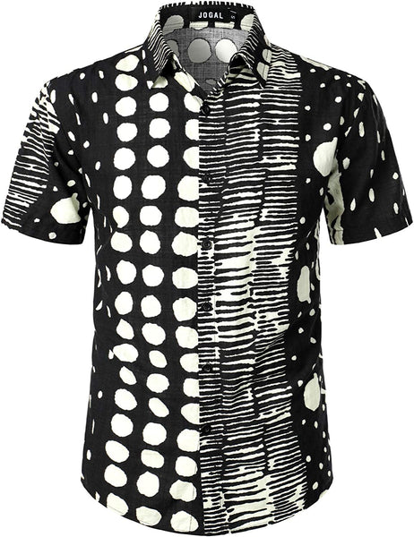 Printed Black Abstract Short Sleeve Button Down Beach Shirt