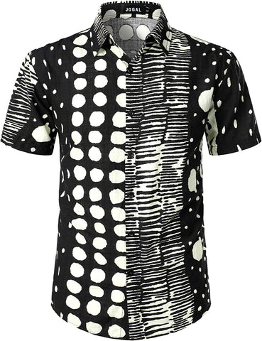 Printed Black Abstract Short Sleeve Button Down Beach Shirt