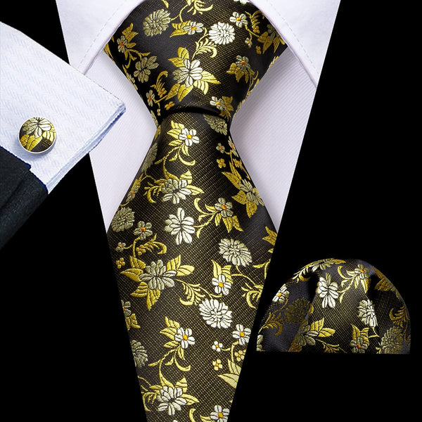 Men's Gold Print Silk Tie Set w/Handkerchief & Cufflinks