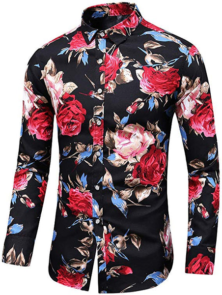 Men's Black Roses Long Sleeve Collared Button Down Shirt