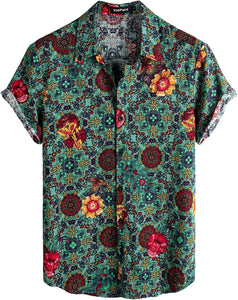 Men's Floral Green Print Casual Short Sleeve Shirt