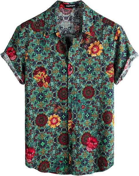 Men's Floral Green Print Casual Short Sleeve Shirt