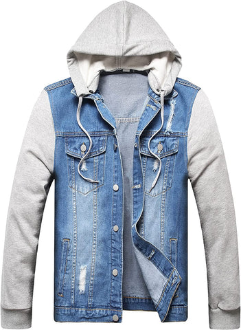 Casual Two Tone Light Blue Men's Denim Hooded Jacket