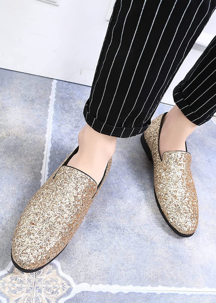 Glittered Gold Metallic Elegant Men's Loafer Dress Shoes