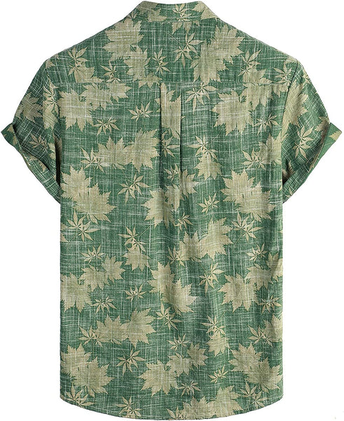 Men's Green Leaves Print Casual Short Sleeve Shirt