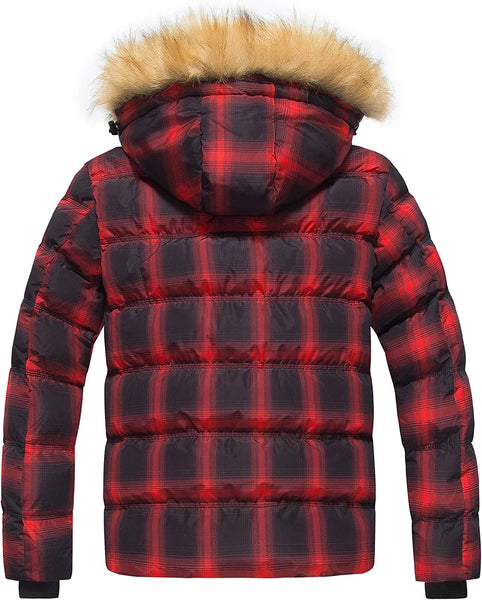 Winter Bubble Red Plaid Parka Fur Hooded Men's Puffer Jacket