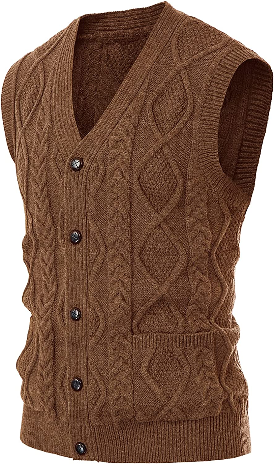 Cable Knitted Camel Button Down Men's Sweater Vest