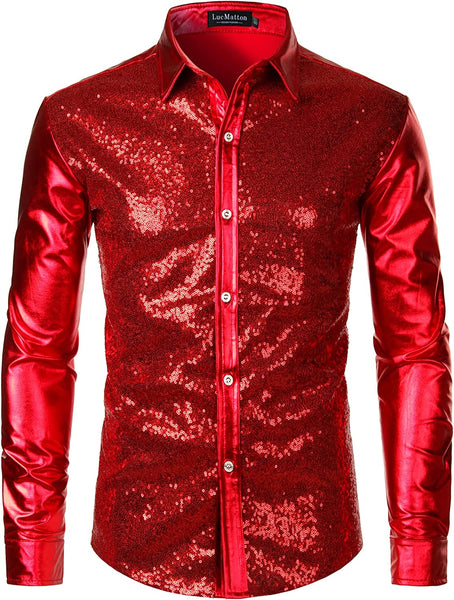 Men's Metallic Red Long Sleeve Button Down Shirts