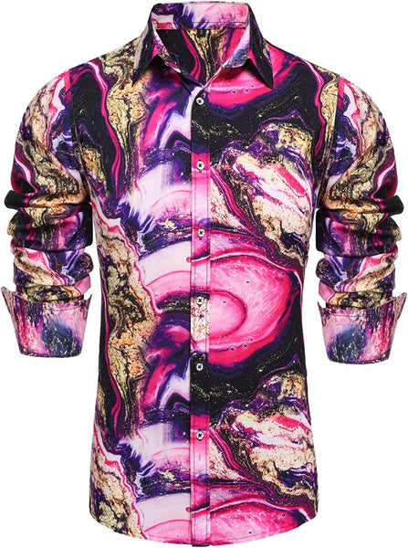 Pink Luxury Design Print Long Sleeve Men's Dress Shirt