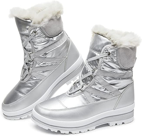 Furry Silver Faux Leather Lace Up Snow Boots