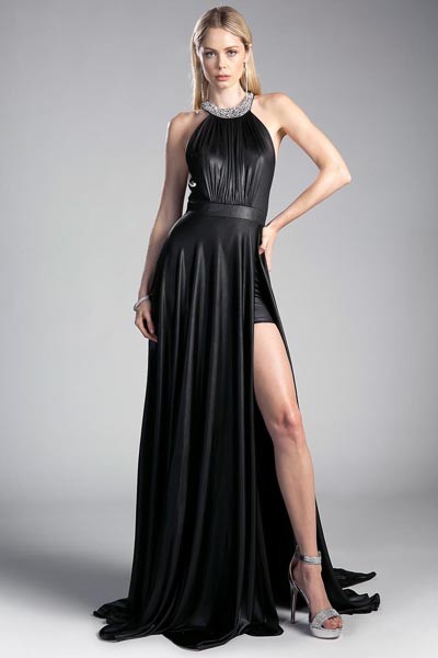 Black Halter Neck Side Slit Long Party Dress