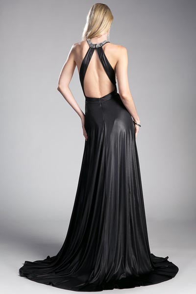 Black Halter Neck Side Slit Long Party Dress