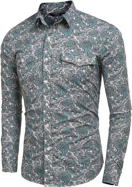 Men's Green Vintage Paisley Print Long Sleeve Dress Shirt