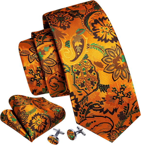 Men's Dark Green Floral Paisley Print Silk Tie Set w/Handkerchief & Cufflinks