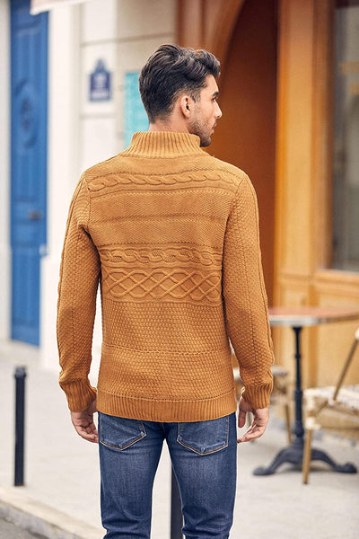 Men's Brown Knitted Turtleneck Long Sleeve Slim Fit Sweater Cardigan