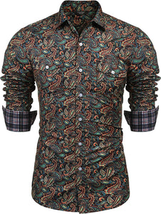 Men's Dark Green Vintage Paisley Print Long Sleeve Dress Shirt