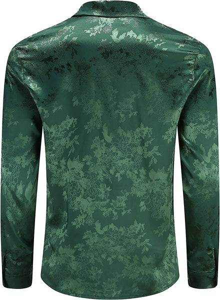 Men's Shiny Satin Green Floral Button Down Long Sleeve Shirt