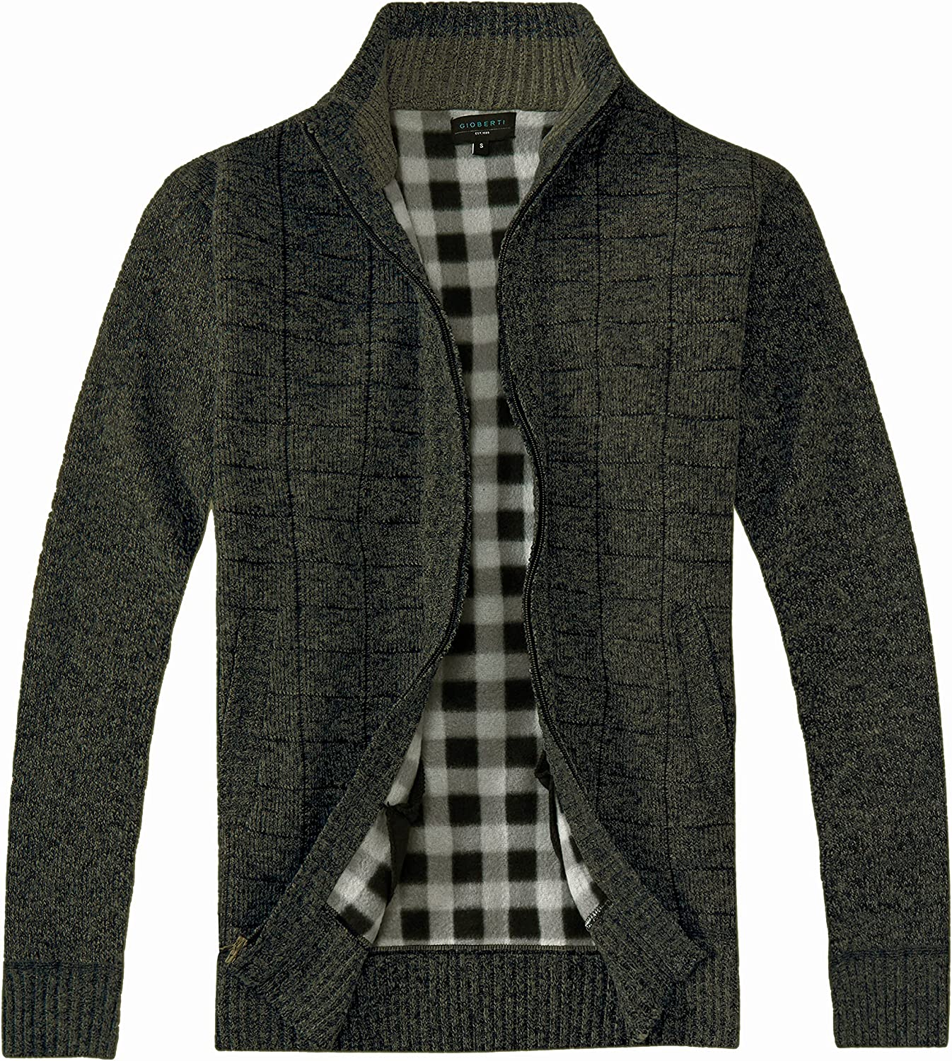 Men's Knitted Melange Olive Checkered Design Full Zip Sweater Jacket