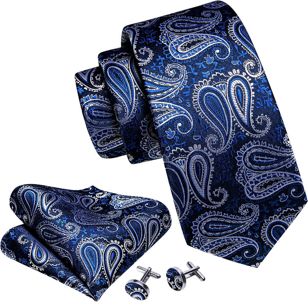 Men's Gold Print Silk Tie Set w/Handkerchief & Cufflinks