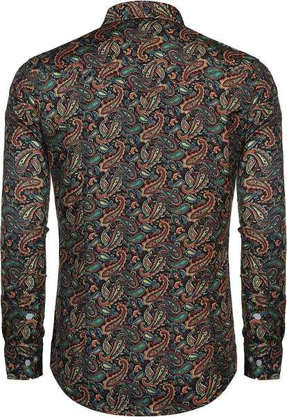 Men's Dark Green Vintage Paisley Print Long Sleeve Dress Shirt