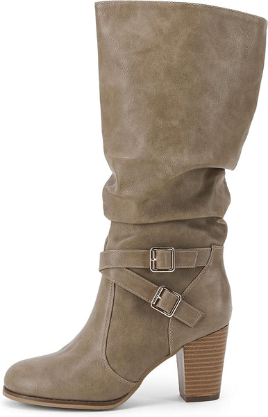 Classic Khaki Buckle Side Women's Chunky Heel Mid Calf Boots