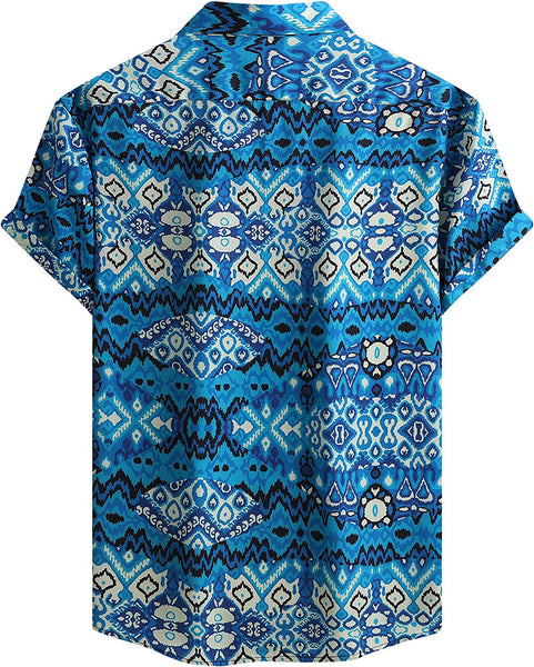 Men's Blue Printed Button Up Short Sleeve Shirt