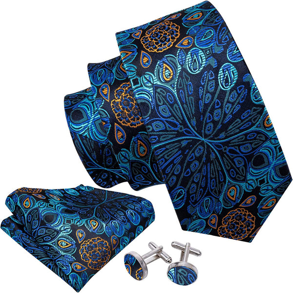 Men's Dark Green Floral Paisley Print Silk Tie Set w/Handkerchief & Cufflinks