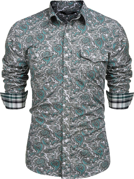 Men's Green Vintage Paisley Print Long Sleeve Dress Shirt