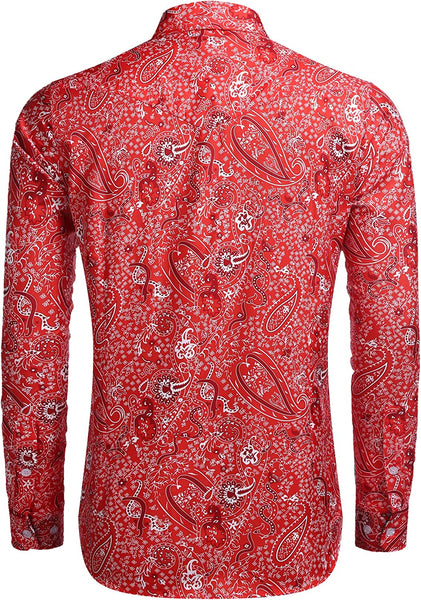 Men's Red Vintage Paisley Print Long Sleeve Dress Shirt