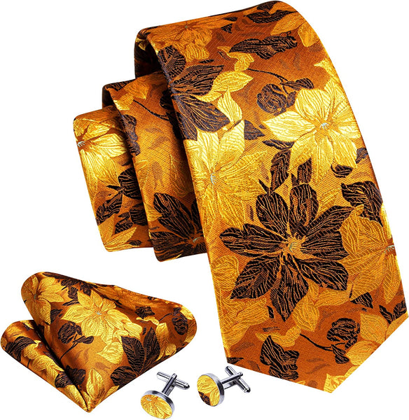 Men's Gold Print Silk Tie Set w/Handkerchief & Cufflinks