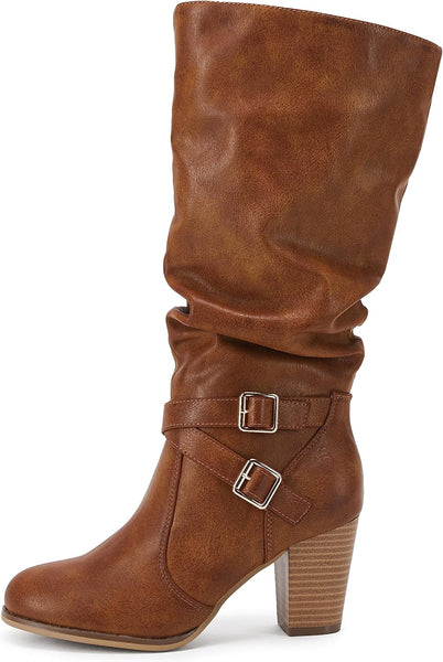 Classic Brown Buckle Side Women's Chunky Heel Mid Calf Boots