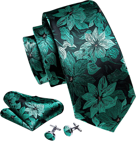 Men's Dark Green Floral Paisley Print Silk Tie Set w/Handkerchief & Cufflinks